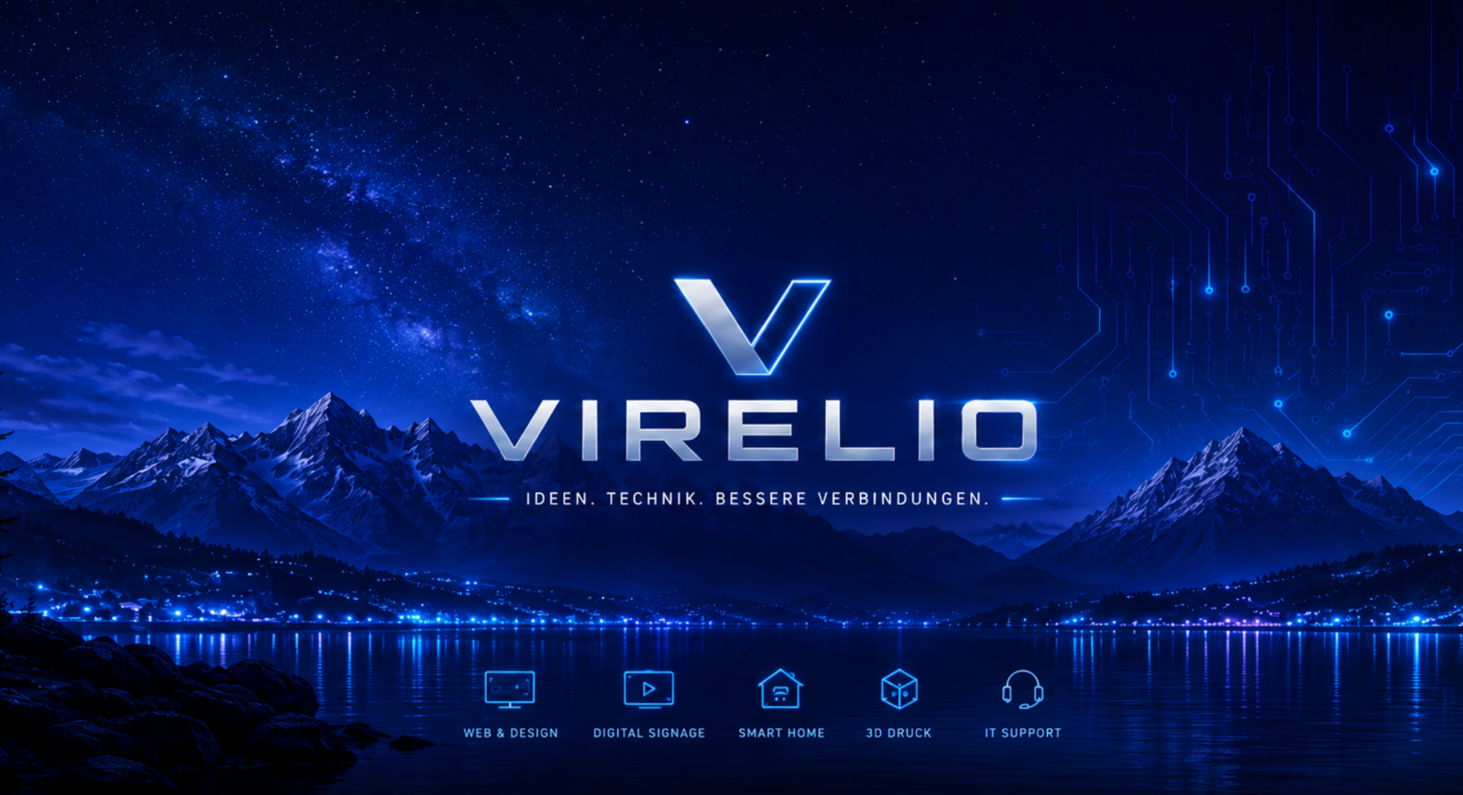 Virelio vor einer nächtlichen Schweizer Berglandschaft mit den Bereichen Web & Design, Digital Signage, Smart Home, 3D Druck und IT Support